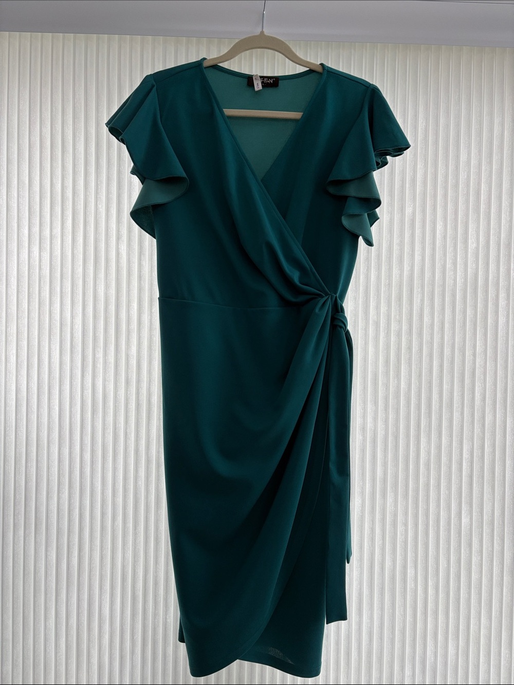 Faux Wrap Teal Midi Dress with Flutter Sleeves